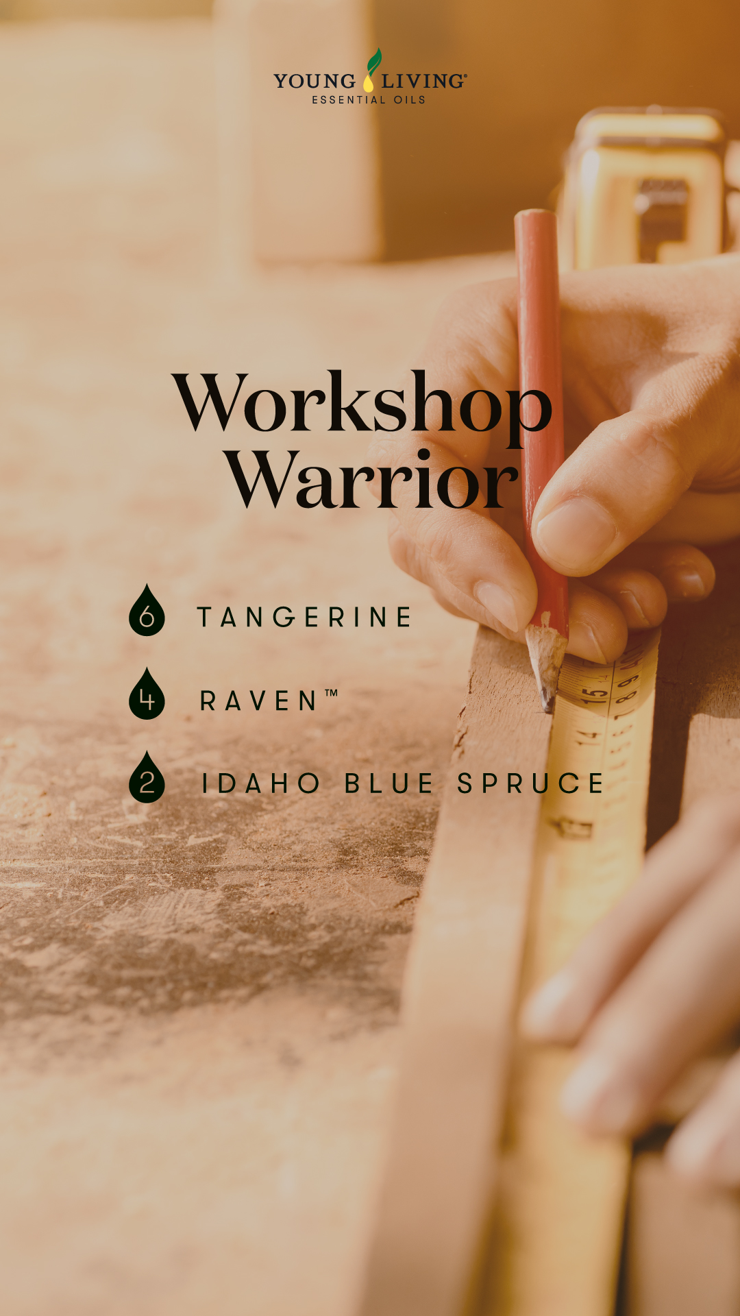 Workshop Warrior - •6 drops Tangerine •4 drops Raven™ •2 drops Idaho Blue Spruce - Young Living Lavender Life Blog