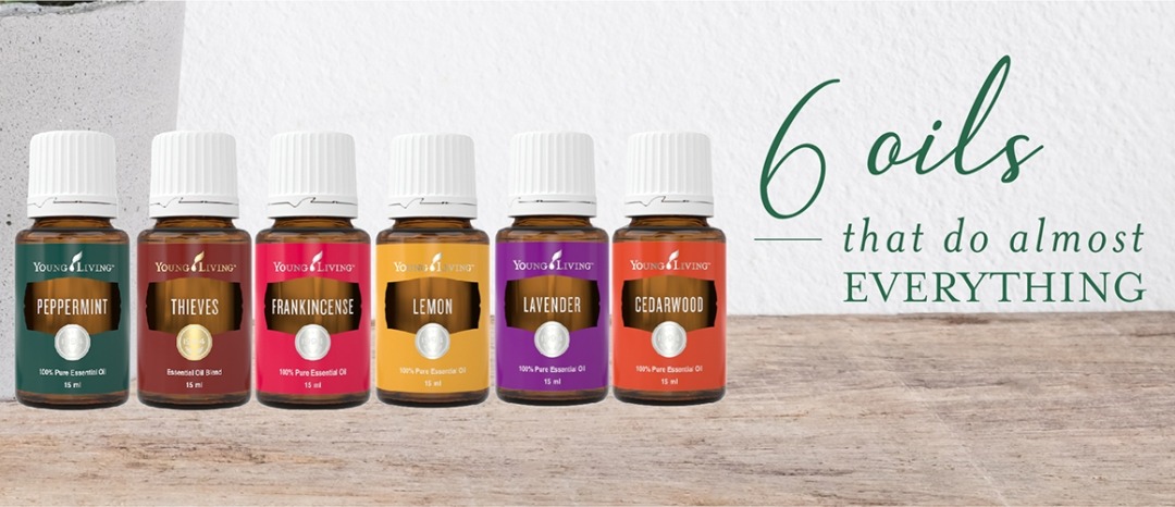 Six bottles of essential oil is lined side by side with title "6 Oils That Do Almost Everything" on the image