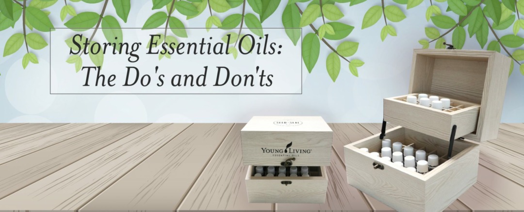 Two boxes filled with essential oils with title "Storing Essential Oils: Do's and Dont's" on the image