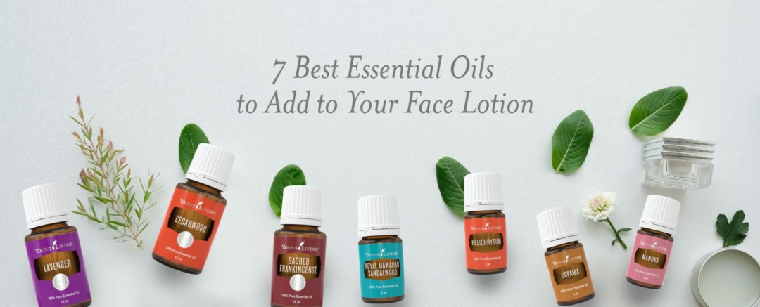 Seven bottles of essential oil lined side by side with title "7 Best Essential Oils to Add to Your Face Lotion" on the image